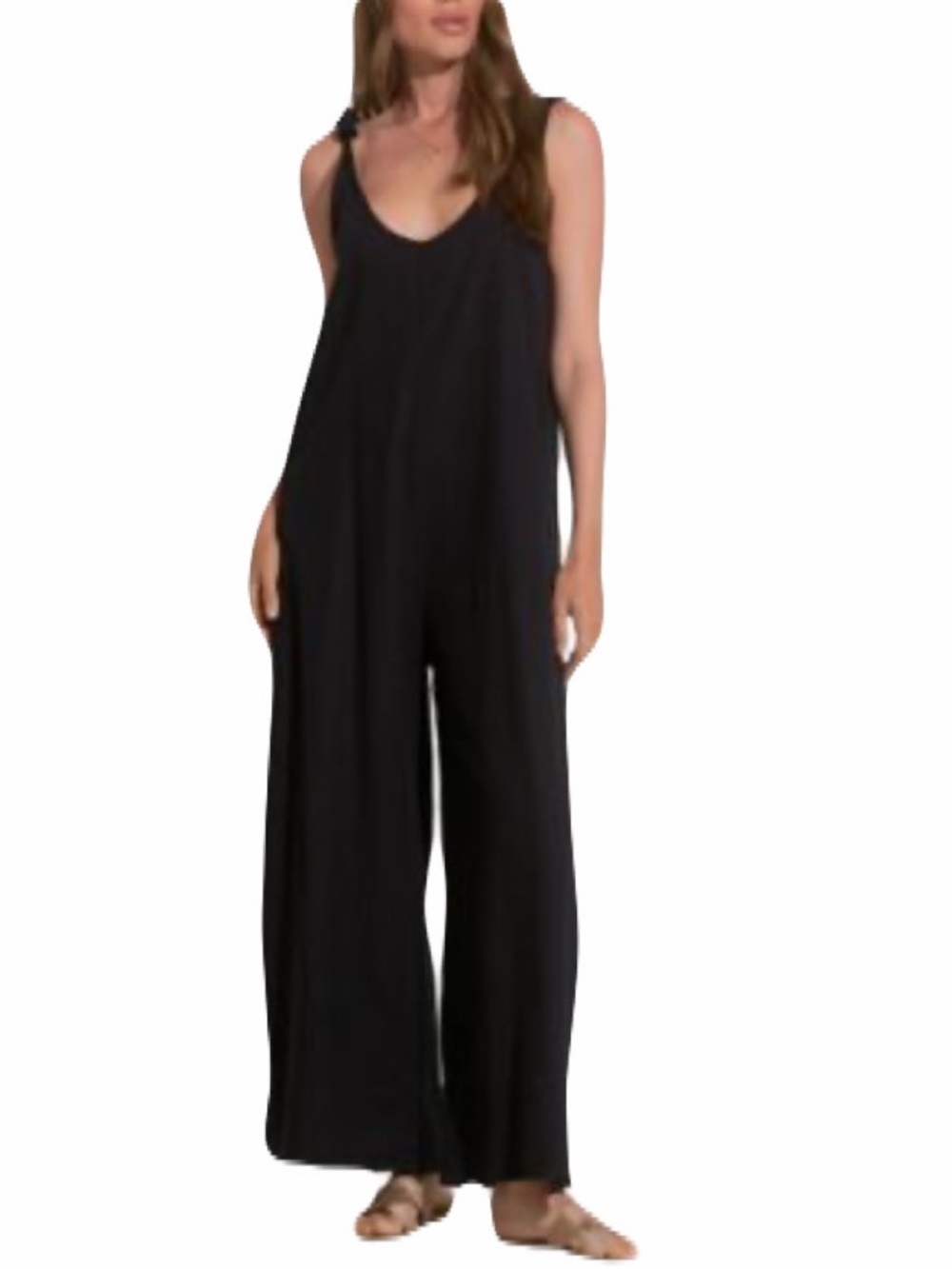 Elan Black Wide-Leg Jumpsuit with Ruching Straps